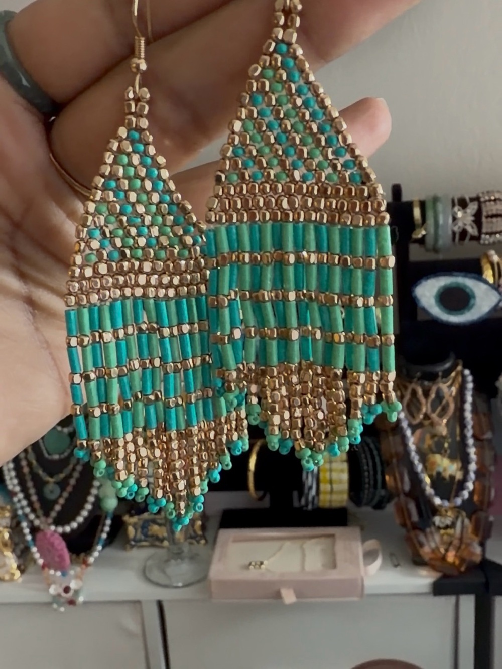 Handcrafted Turquoise Beaded Fringe Earrings - Gold Accents